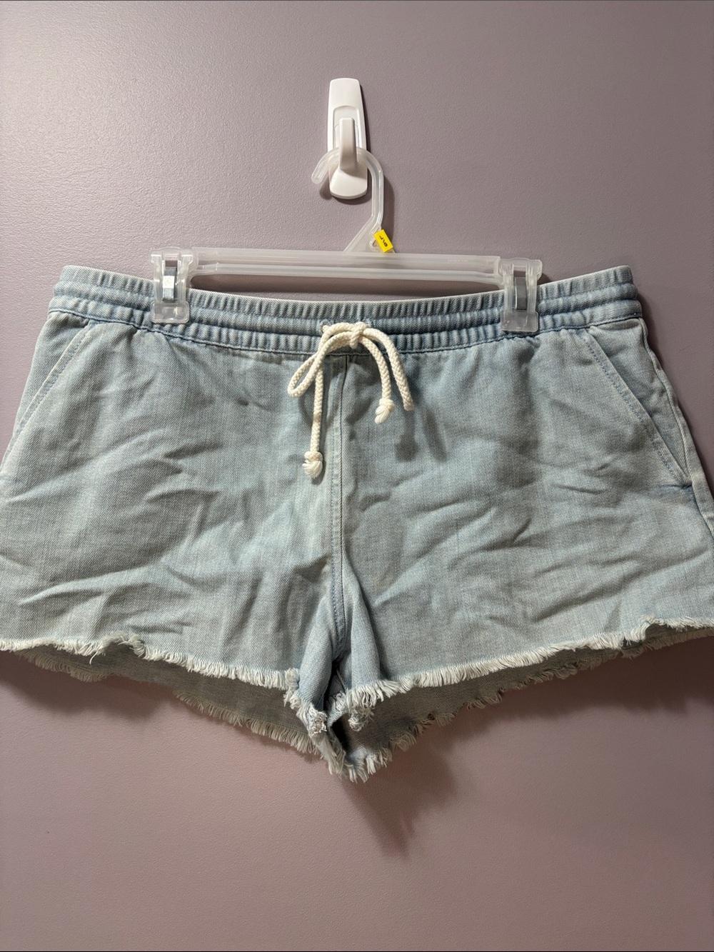 Aerie Light Wash Denim Drawstring Elastic Waist Mini Shorts Sz Large